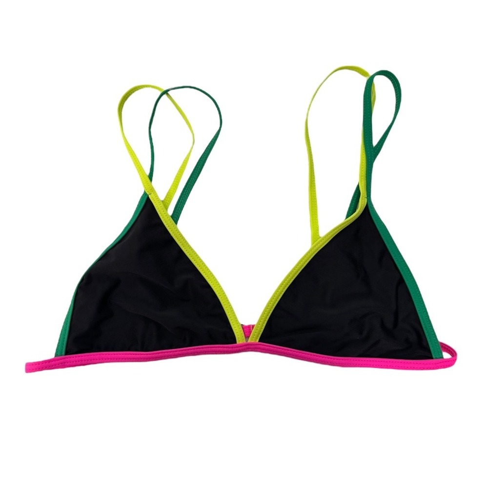 Shein Triangle Bikini Top Neon Trim Black Swimsuit‎ Beach Summer L 359
